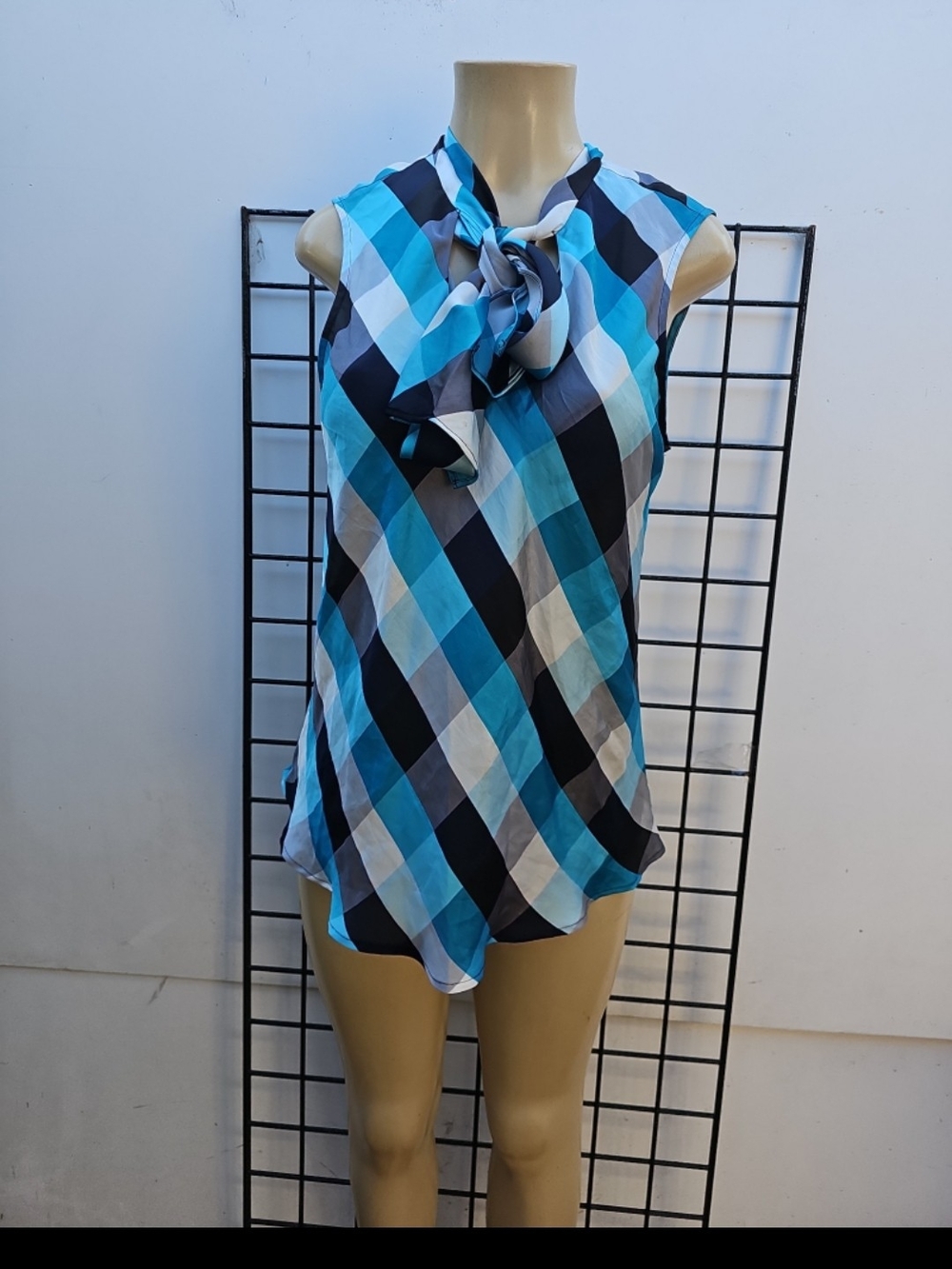 Nine West Sleeveless Plaid Tie-Neck Top - Blue/Black/White